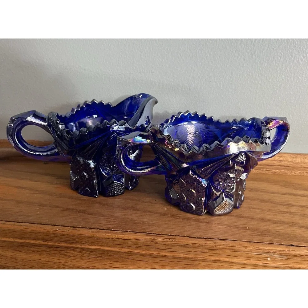 Imperial Carnival Glass Sugar Bowl Creamer Set Cobalt Blue #526 Iridescent Nucuf